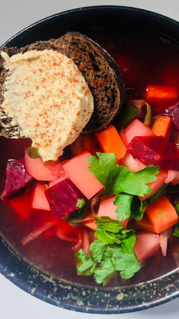 Beetroot Soup With Hummus Toast